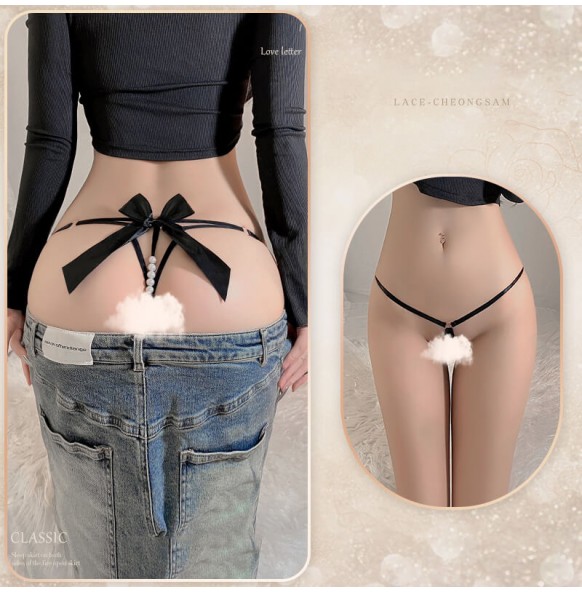 FEE ET MOI - Romantic Bow Beaded Open-Crotch Panties (Black) FEE ET MOI - Romantic Bow Beaded Open-Crotch Panties (Black)
